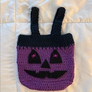 Handmade Purple Crochet Kids Pumpkin Bag with Black Trim